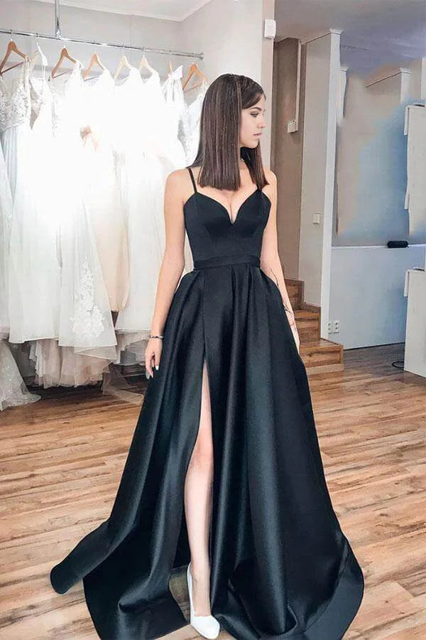 Vestidos de fiesta de satén sencillos con tirantes finos y corte en A para noche